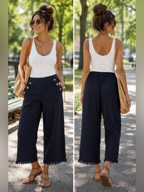 Prosecco Petite Navy Side-Button Linen Pants
